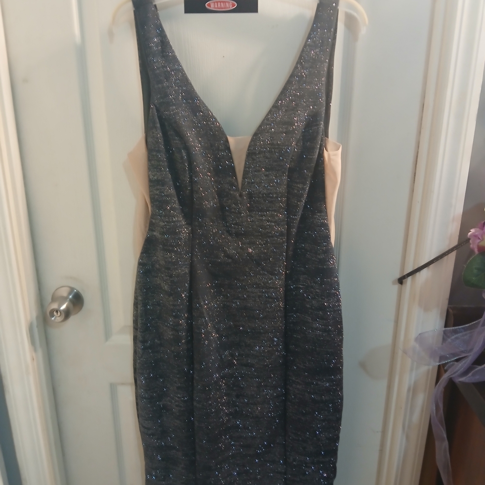MARINA Sparkle V-Neck Midi Dress in Black with Nude Side Panels